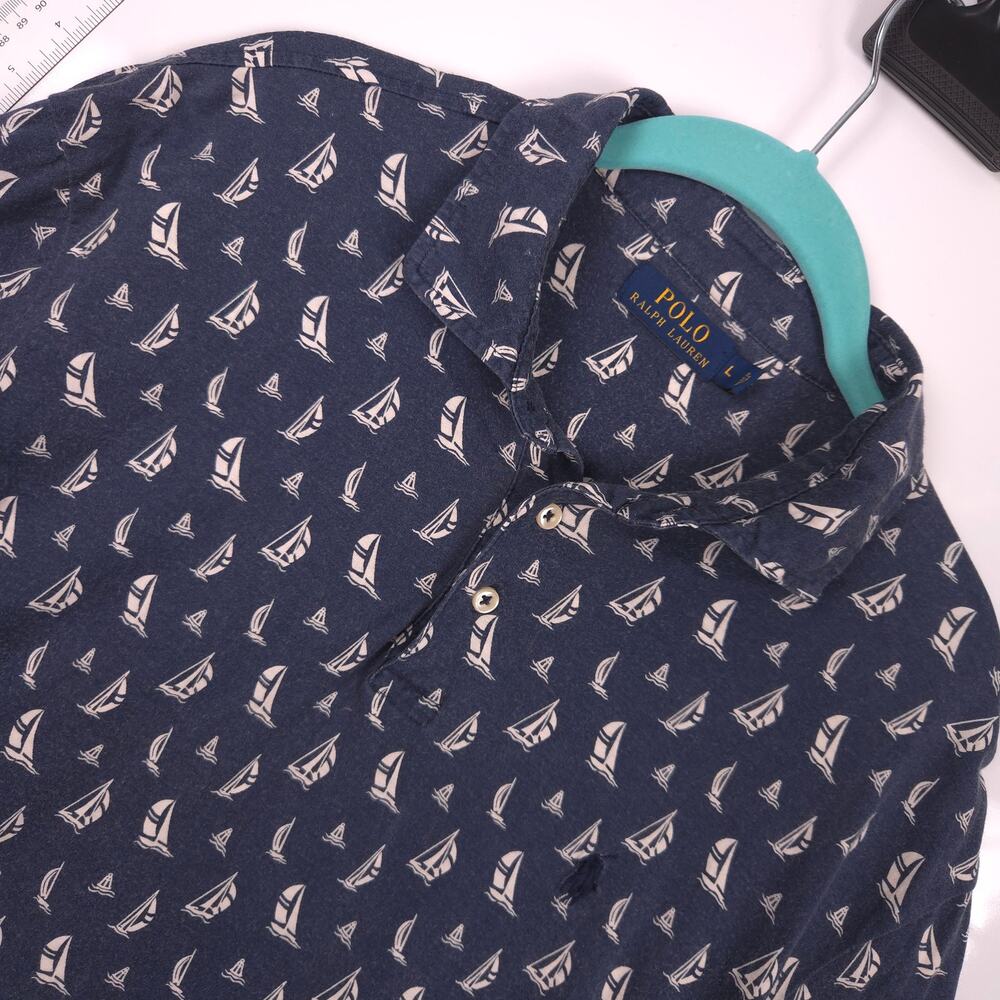 Polo Ralph Lauren Sailboat Print Polo Shirt Blue Cotton Nautical Mens Large